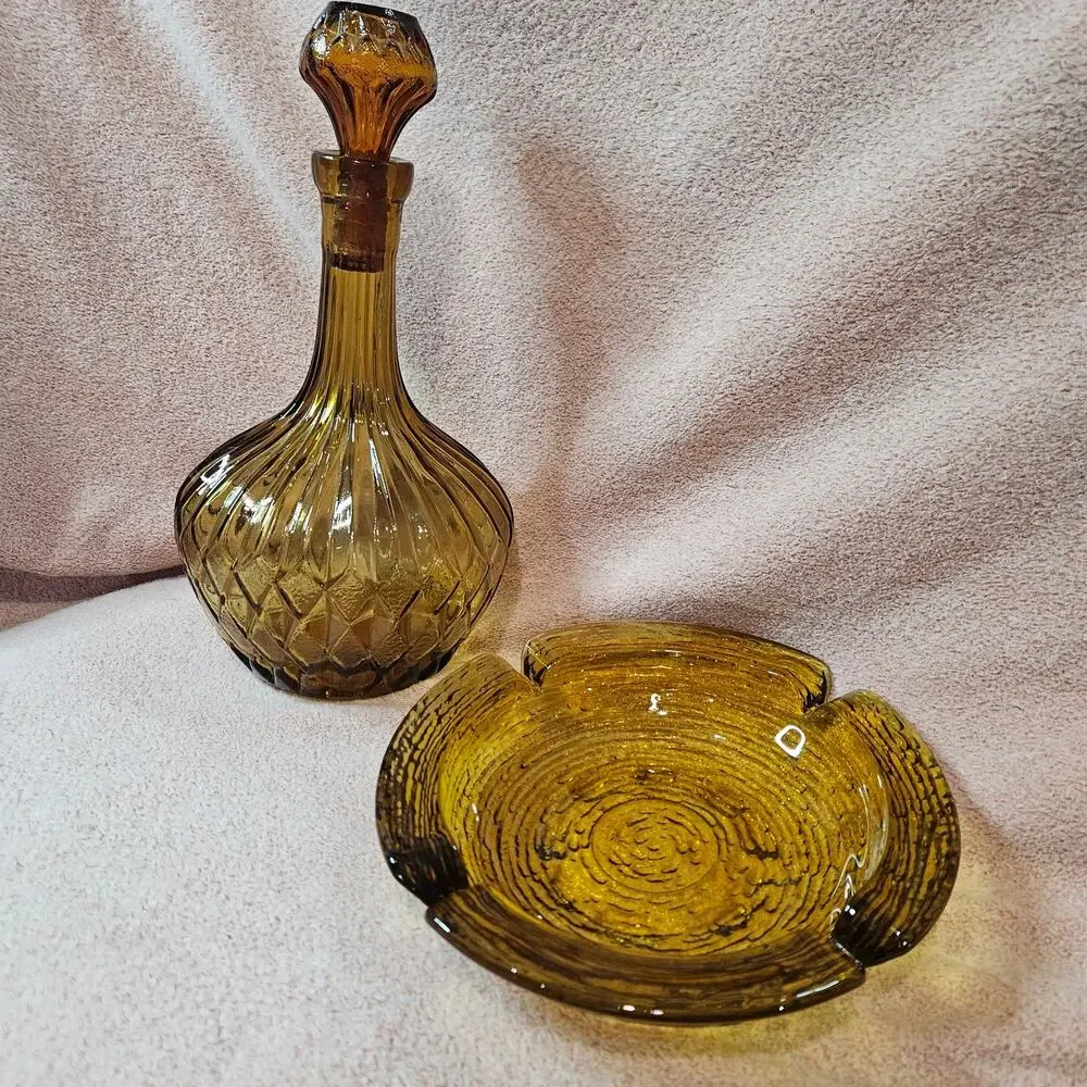 Vintage Empoli Italian Amber Glass Diamond Pattern Decanter & Ashtray Set